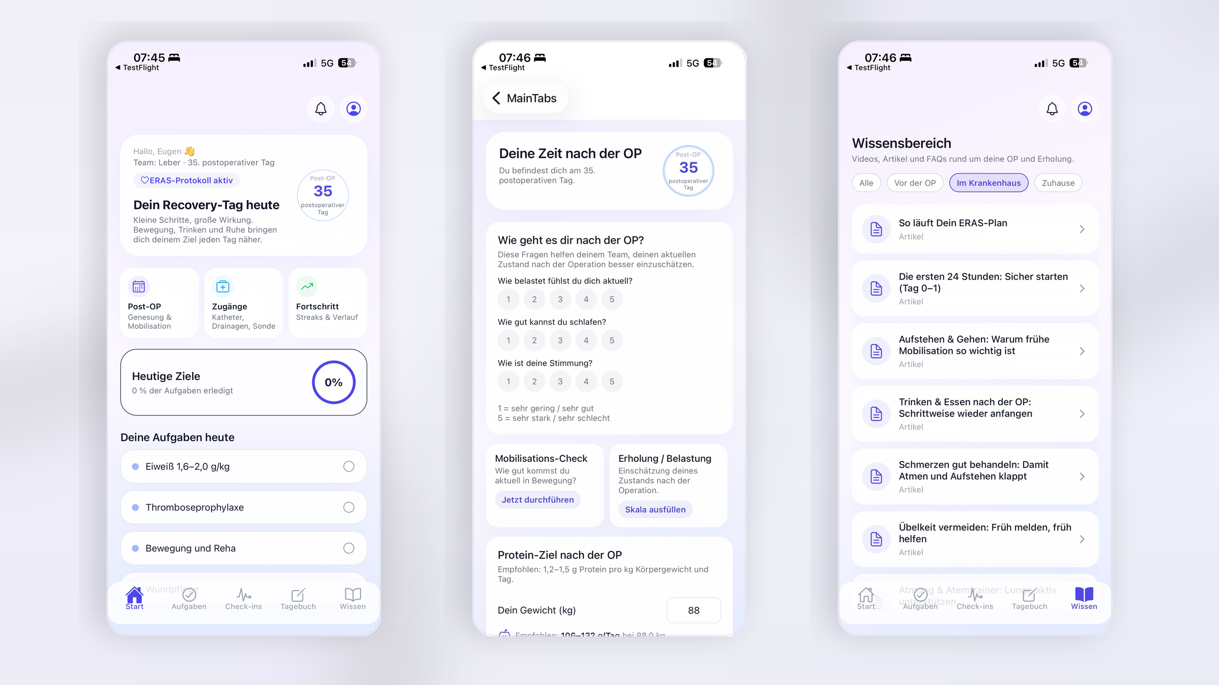 UKE Recovery – Recovery-App · Post-OP-Tracking · Wissensbereich
